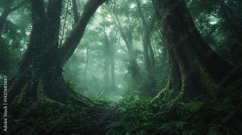 Mystical Misty Rainforest with Towering Trees and Lush Vegetation Mystical Misty Rainforest with Towering Trees and Lush Vegetation