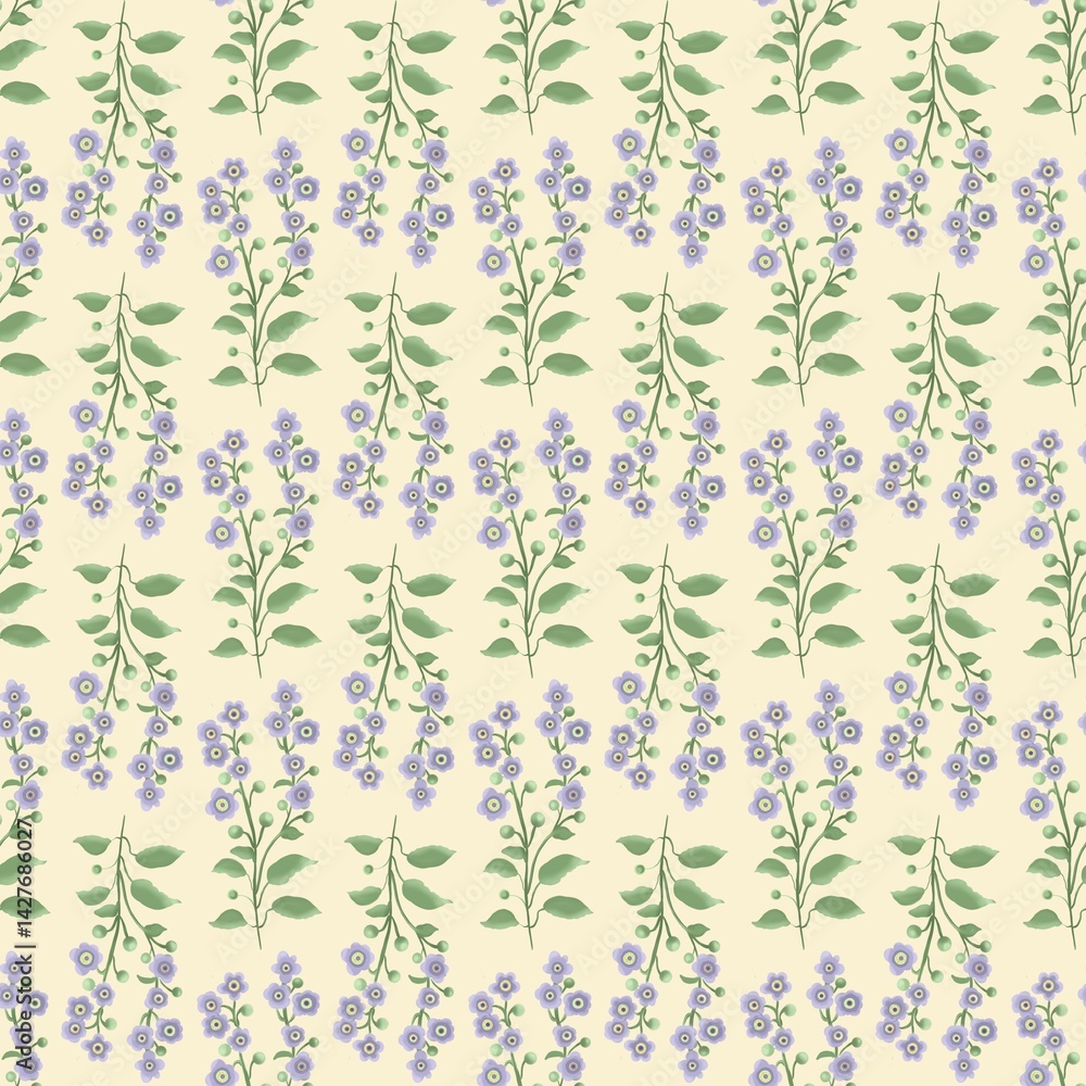 Seamless floral pattern with delicate blue flowers and green leaves on a yellow background. Hand-drawn botanical style, perfect for textiles, wallpapers, wrapping paper, and surface design Seamless floral pattern with delicate blue flowers and green leaves on a yellow background. Hand-drawn botanical style, perfect for textiles, wallpapers, wrapping paper, and surface design