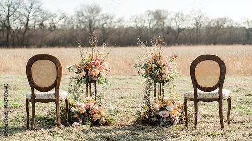 Wallpaper Mural Ceremony setup in a field with foraged floral arrangements and antique chairs . Torontodigital.ca
