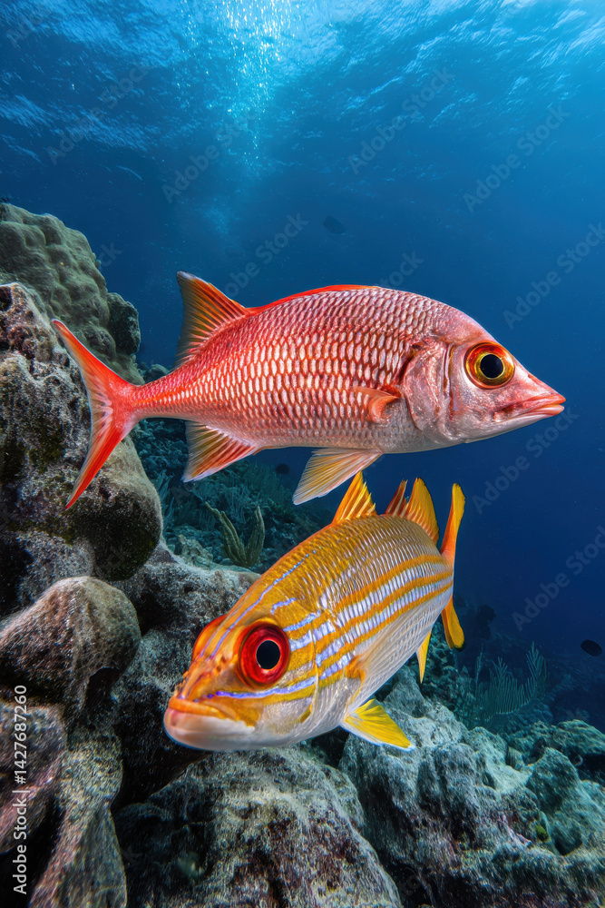 Naklejka premium Giant squirrelfish swimming in opposite direction to bluelined snapper