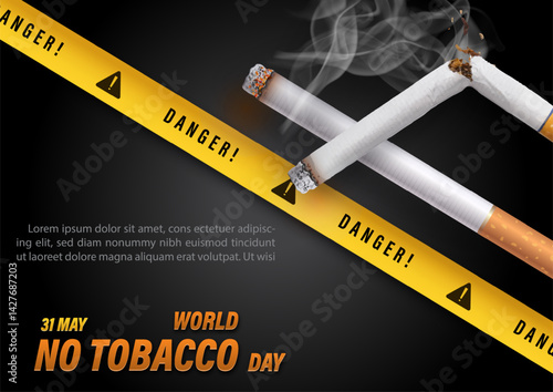 Poster Concept of World No Tobacco Day in 3d realistic, wording of event and example texts on black gradient background.