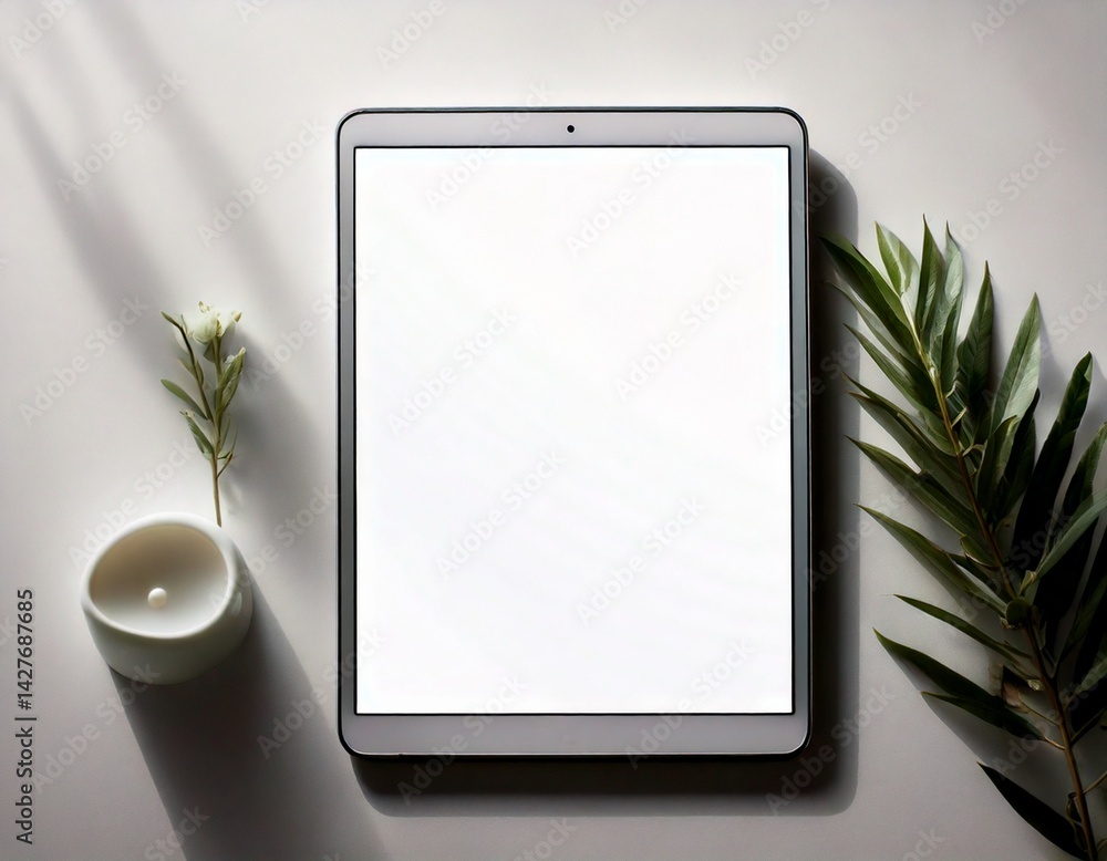A tablet with a blank screen is placed on a white table, accompanied by a cup of coffee and a potted plant. A tablet with a blank screen is placed on a white table, accompanied by a cup of coffee and a potted plant.