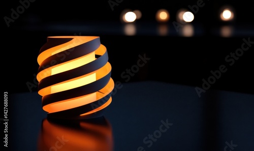 Spiral candlelight illuminates dark table, soft glow, bokeh background; home decor