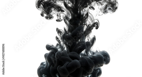 Abstract Black Ink Cloud Formation Floating on White Backdrop