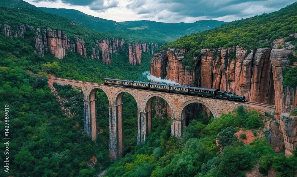 Steam train crossing a high viaduct in a green valley. Travel, adventure, tourism photo Steam train crossing a high viaduct in a green valley. Travel, adventure, tourism photo