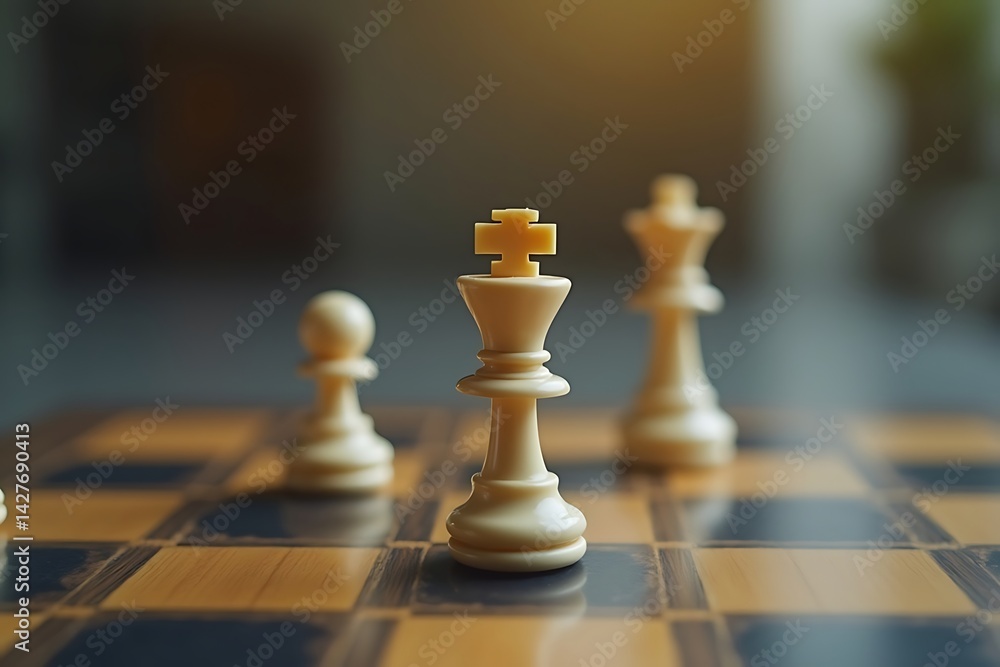 Focused Shot of Chess Pieces on a Chessboard, King, Queen, and Pawn in Formation Focused Shot of Chess Pieces on a Chessboard, King, Queen, and Pawn in Formation