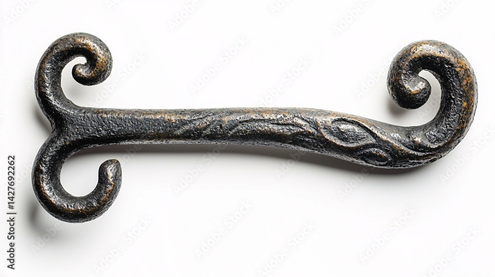 Obraz premium Elegant hand-forged iron fireplace poker with detailed craftsmanship, ideal for upscale fireplace setups against a white background.