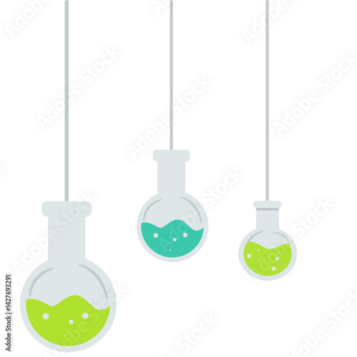 Cute smiling chemistry flasks and test tubes hanging with bubbles, ideal for science-themed designs, classroom posters, or educational content with a playful twist.