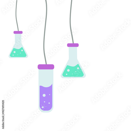 Cute hanging science flasks and test tubes filled with colorful liquids, perfect for classroom decorations, science themes, or creative lab visuals.