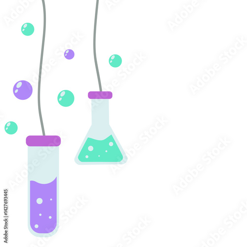 Cute hanging science flasks and test tubes filled with colorful liquids, perfect for classroom decorations, science themes, or creative lab visuals.