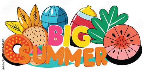 Big Summer Colorful Illustration with Tropical Fruits and Fun Elements