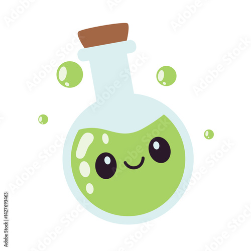 Cute smiling chemistry flasks and test tubes hanging with bubbles, ideal for science-themed designs, classroom posters, or educational content with a playful twist.