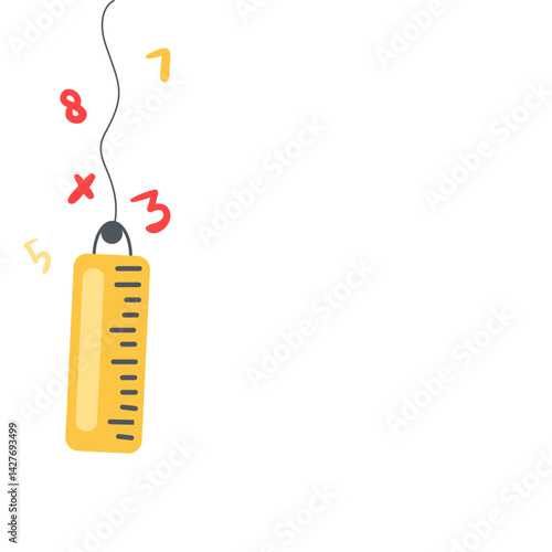 Cute hanging yellow ruler illustration with sparkles, ideal for school-themed visuals, educational content, math class elements, or creative classroom design concepts.