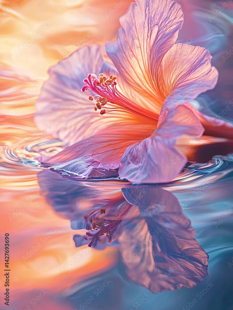 A close-up of a delicate flower petal against shimmering water beautifully highlights its intricate details and vibrant colors.