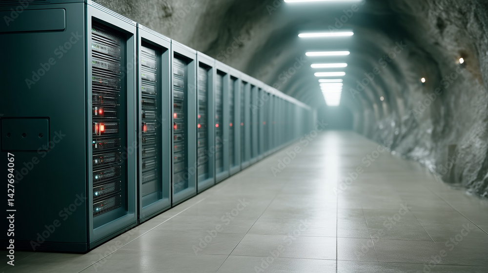 Fototapeta premium Digital Fortress: A futuristic tunnel lined with rows of data servers, bathed in a cool, atmospheric glow, showcasing cutting-edge technology and secure data storage. 