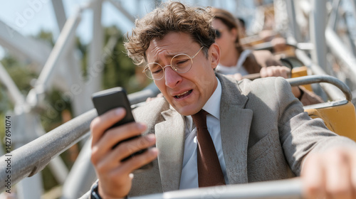 Rollercoaster of Emotions: A businessman on a rollercoaster ride experiences a mix of thrill and anxiety, clutching his phone, his face reflecting a rollercoaster of emotions.