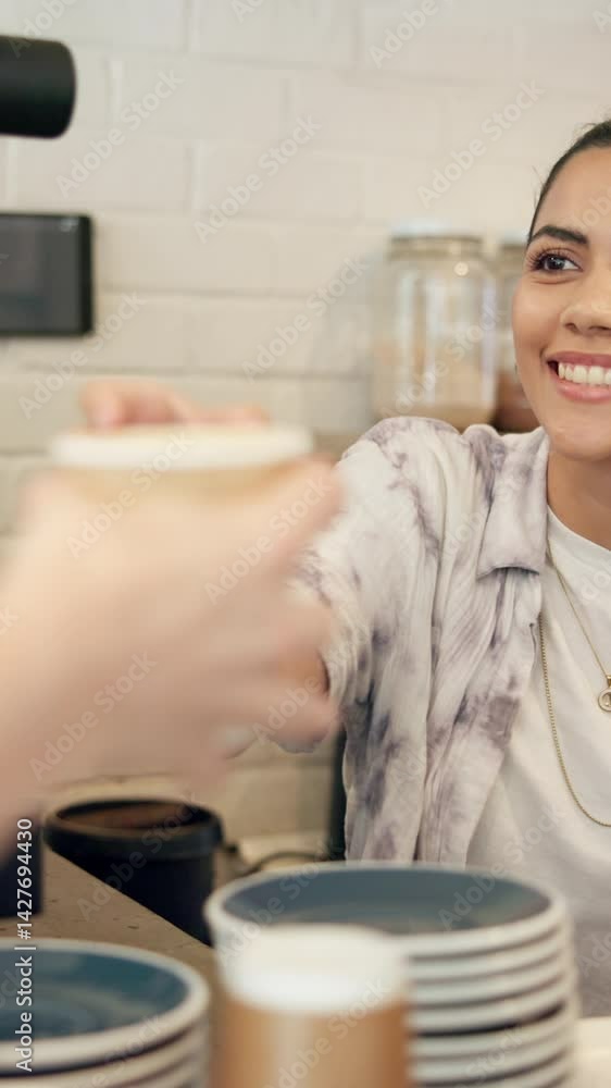 Happy, woman and barista with latte, coffee shop and purchase of hot beverage, takeaway and morning. Hospitality, customer and server with cup in small business, people and smile for sale in cafe Happy, woman and barista with latte, coffee shop and purchase of hot beverage, takeaway and morning. Hospitality, customer and server with cup in small business, people and smile for sale in cafe