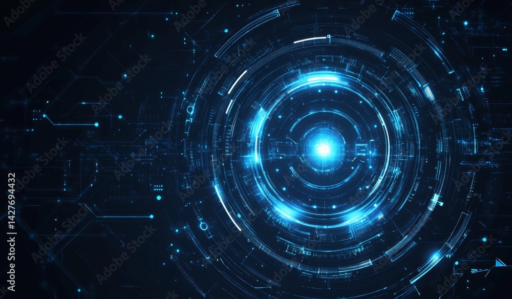 Futuristic technology interface, glowing circular display, circuit board background, illustration Futuristic technology interface, glowing circular display, circuit board background, illustration