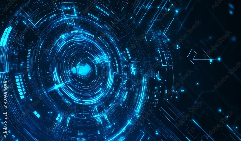 Futuristic digital interface, concentric circles, glowing lines, complex background Futuristic digital interface, concentric circles, glowing lines, complex background