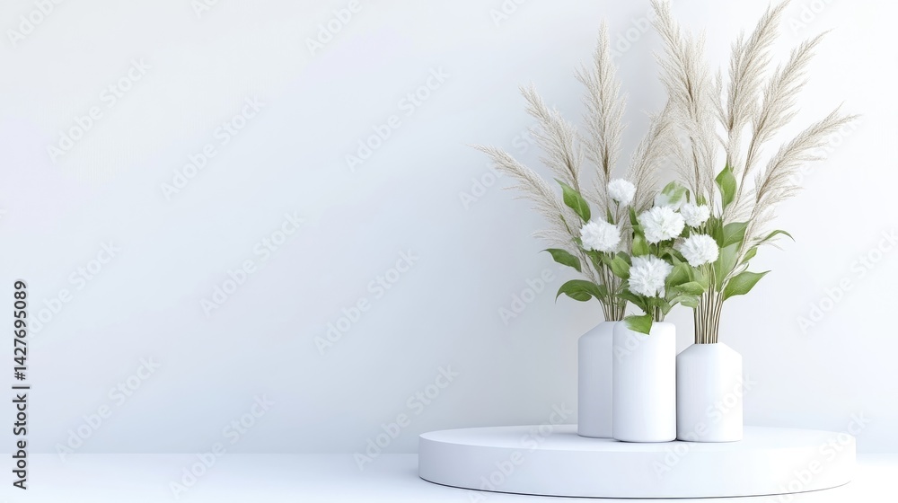 Minimalist white floral arrangement on a round podium Minimalist white floral arrangement on a round podium