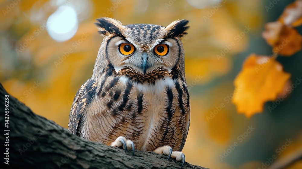 intense gaze of a majestic eurasian eagle-owl perched on a branch amidst the autumnal forest with leaves softly illuminated by sunlight intense gaze of a majestic eurasian eagle-owl perched on a branch amidst the autumnal forest with leaves softly illuminated by sunlight