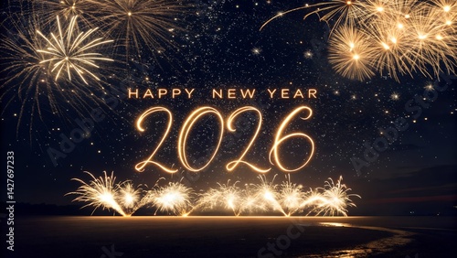 New Year 2026 Celebration with Sparkling Fireworks, Golden Light Trails, and Elegant Cursive Text

