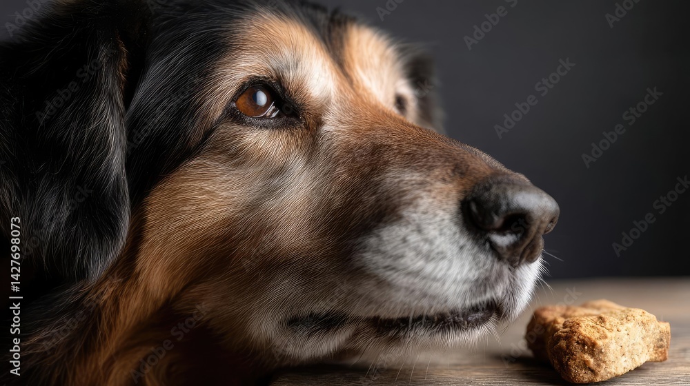 Hungry dog in dry foods mound with satisfying meal concept. A close-up of a dog looking longingly at a treat. Hungry dog in dry foods mound with satisfying meal concept. A close-up of a dog looking longingly at a treat.