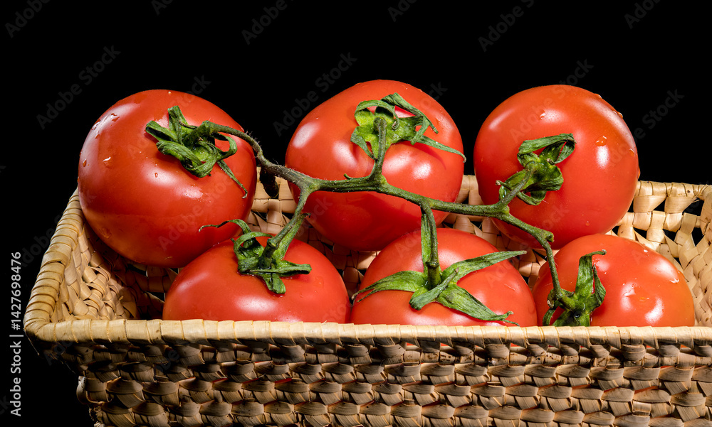 Fresh Tomatoes on the Vine with Black Background