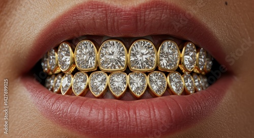 Closeup of Gold Teeth Grill with Diamonds