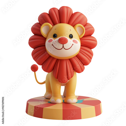 Adorable Cartoon Lion with Red Mane on Circus Pedestal, 3D Render