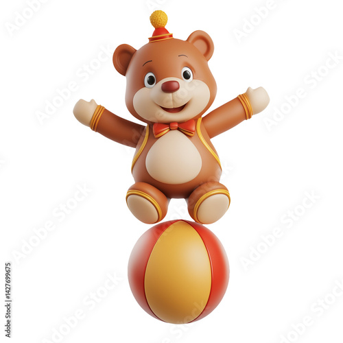 Cheerful 3D Render of a Brown Teddy Bear Circus Performer Balancing on a Ball