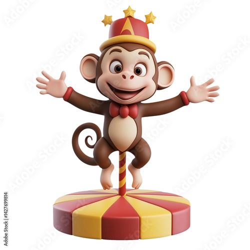 Cheerful 3D Cartoon Monkey Circus Performer on Rotating Platform