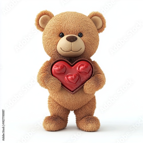 3D cartoon teddy bear holding a heart-shaped box of chocolates, isolated on a white background.