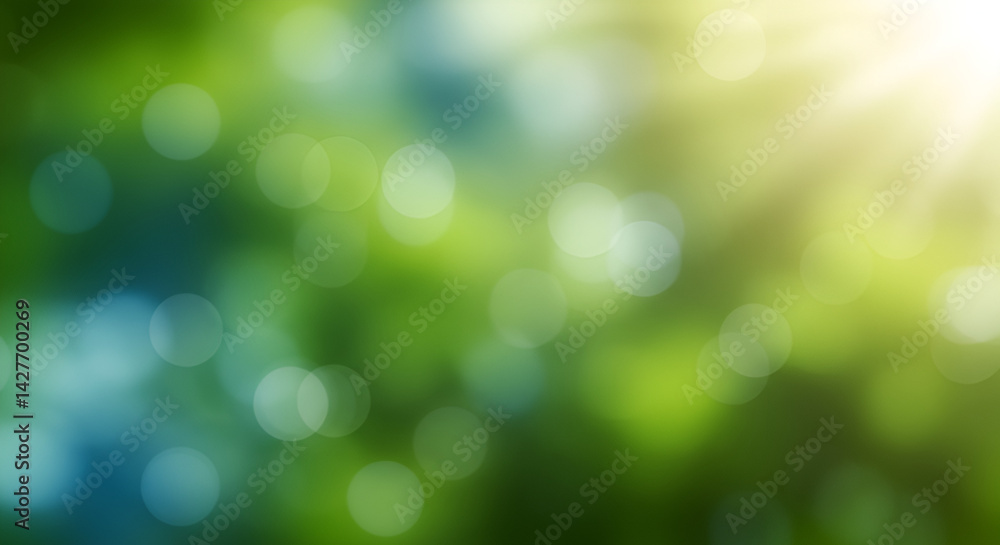 Obraz premium The image shows a blurred abstract bokeh background featuring soft green and blue circles illuminated by bright sunlight rays, creating a calm and ethereal natural light effect
