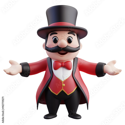 Cheerful 3D Cartoon Ringmaster Inviting with Open Arms