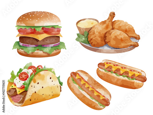fast food set watercolor vector hamburger taco hotdog street food kitchen menu restaurant