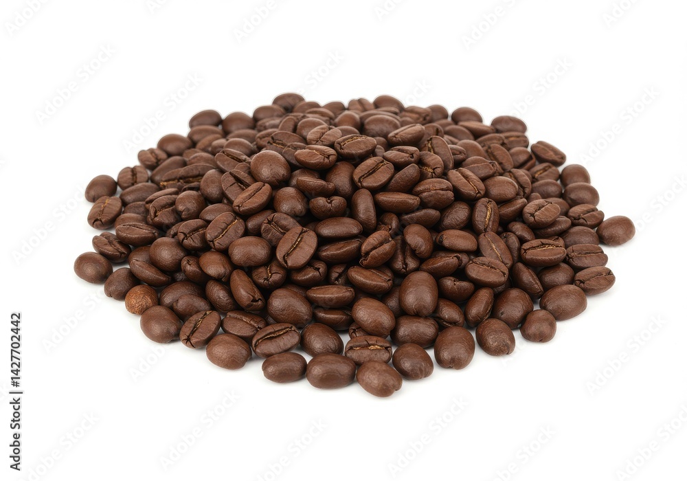 A pile of roasted coffee beans scattered on a plain white surface in a studio setting showing detail A pile of roasted coffee beans scattered on a plain white surface in a studio setting showing detail