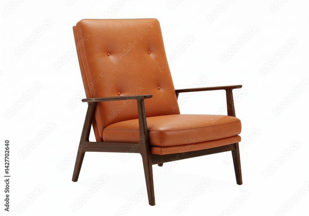 A tan leather armchair with a dark wood frame isolated against a white background in a studio setting A tan leather armchair with a dark wood frame isolated against a white background in a studio setting