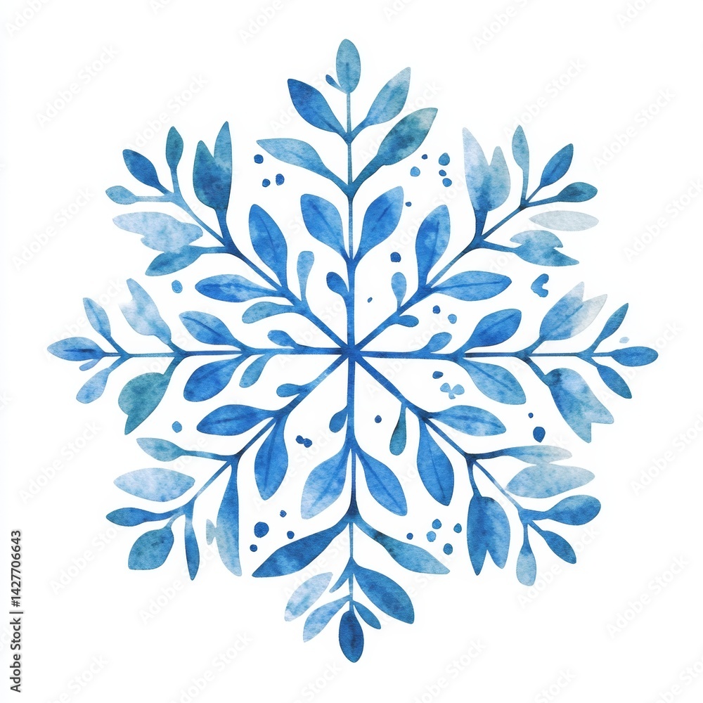 Fototapeta premium Whimsical winter snowflake design. Delicate blue floral branches form a symmetrical snowflake pattern. Watercolor-like textures and soft shading create a gentle aesthetic