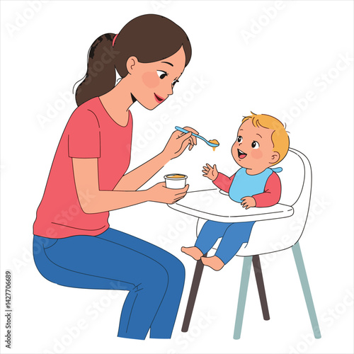 Cute vector illustration of a mother feeding her smiling baby with a spoon. The baby is sitting in a white high chair and wearing a bib. The scene captures warmth, joy, and mother-child bonding.