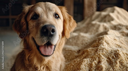 Hungry dog in dry foods mound licking meal concept. A happy golden retriever smiling in a rustic environment.
