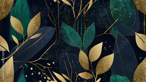 Modern Abstract Botanical Background – Navy, Emerald, and Gold Design