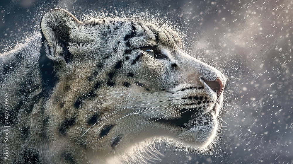 Obraz premium Snow leopard portrait with spotted fur in a snowy outdoor environment.