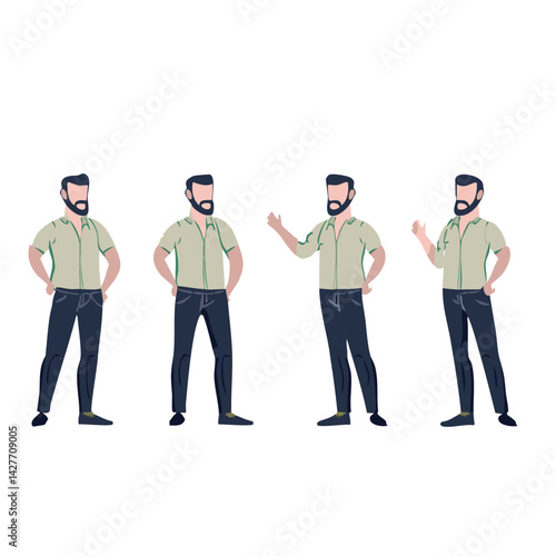 Set of character a handsome bearded man in casual clothes in different poses