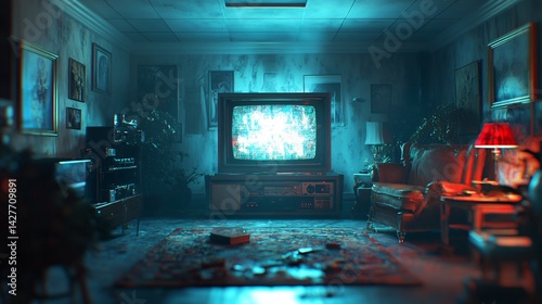 Wallpaper Mural retro abandoned living room with old television flickering in blue light Torontodigital.ca