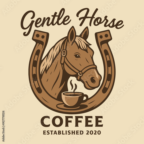 Horse Head with Horseshoe and Coffee Illustration Design