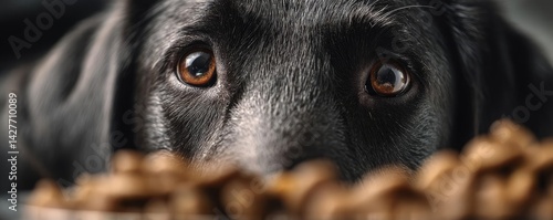 Hungry dog in dry foods mound craving nourishment concept. Close-up of a black dog eagerly awaiting its meal.