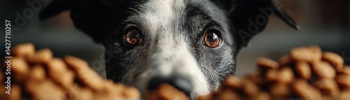 Obraz na płótnie Hungry dog in dry foods mound licking meal concept. Close-up of a dog's eager eyes looking at tasty treats. w salonie