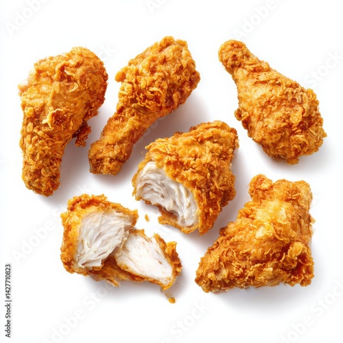 Fried chicken pieces arrangement isolated on white background