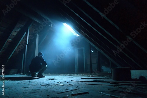 Person crouches in a dark attic illuminated by a single light source.